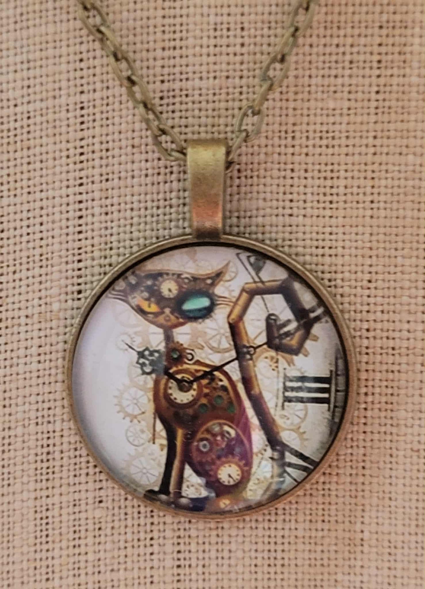 Steam punk cat glass cabochon necklace