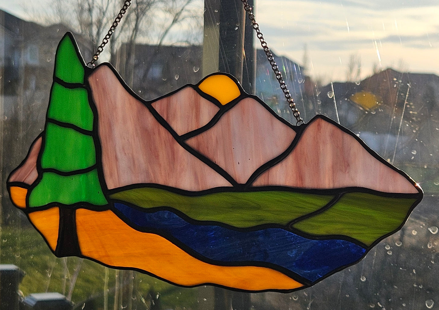 Sunrise with Tree and River Stained Glass