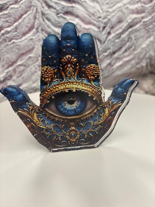 Flat Bohemian Style Acrylic Hamsa Hand Figurine with Eye Design,
