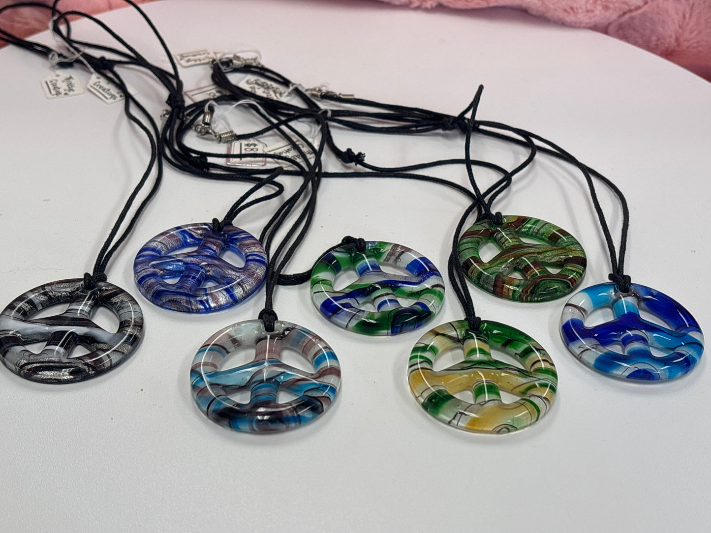 Tec peace sign glass necklace