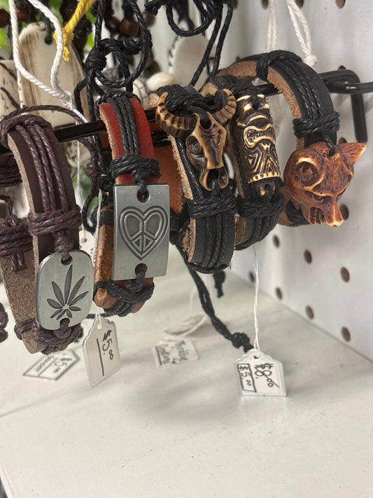 Leather Wood Carved Bracelet