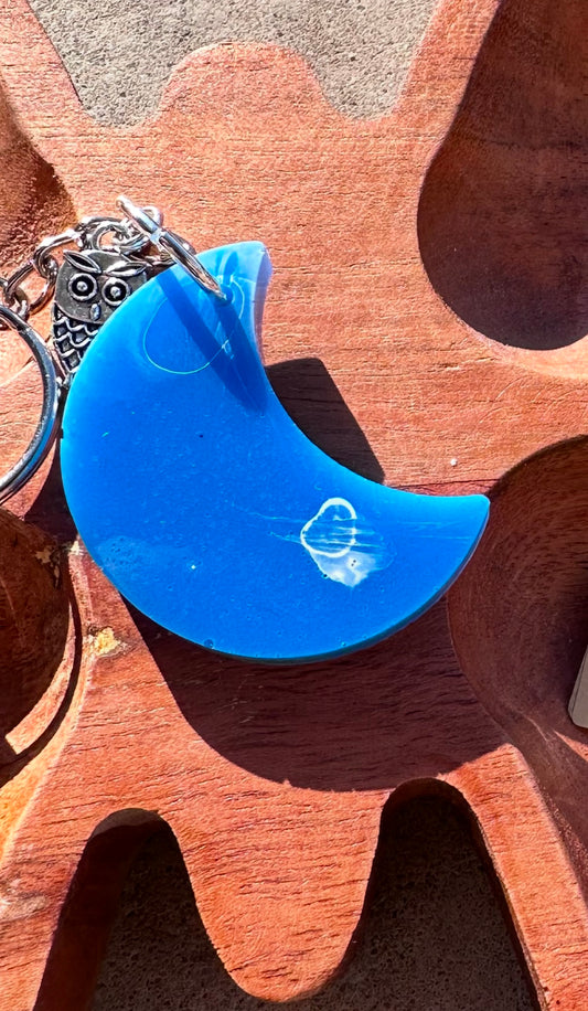 Blue crescent moon keychain with owl charm