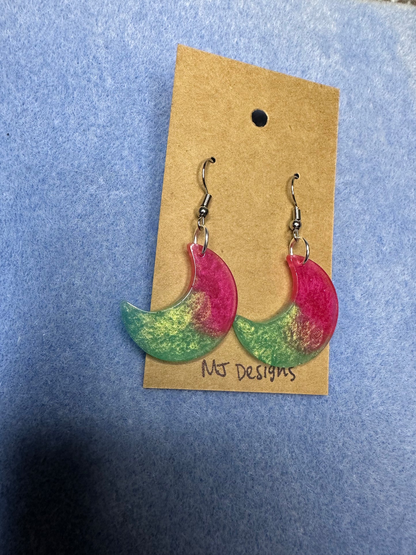 Crescent moon red and green earrings