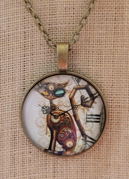 Steam punk cat glass cabochon necklace