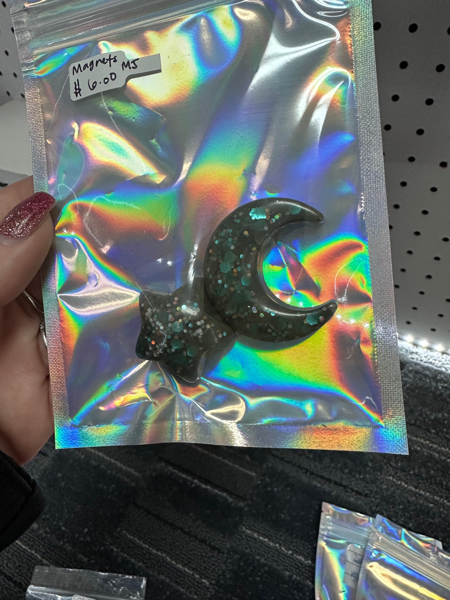 Resin crescent moon and star magnet grey with glitter