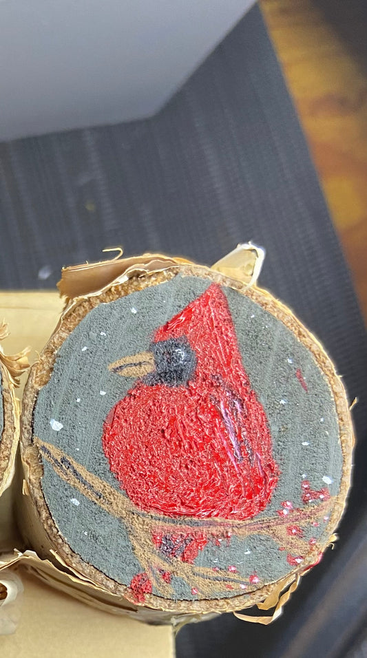 Wood slice cardinal magnet