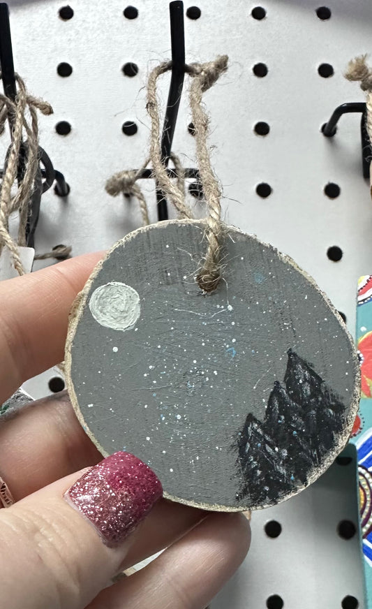Wood slice moon and tree ornament